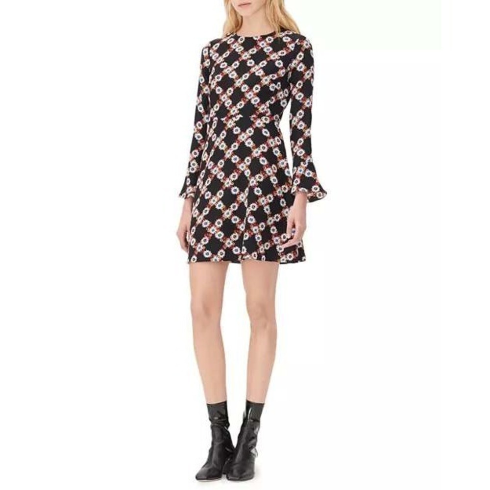 Sandro Paris Silk Floral Lattice Mini Dress Bell Sleeve Black Size 1 US Small